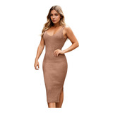 Vestido Curto Modelador Tricot Alça Fenda Moda Feminina