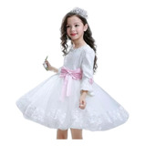Vestido Daminha Batismo Aia Branco Renda 4 Anos Manga