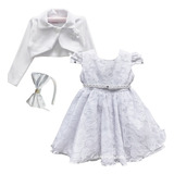 Vestido Daminha Batizado Festa Branco Rendado Bolero Tiara