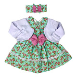 Vestido De Bebe C/ Bolero E Tiara 100% Algodão Luxo Reborn