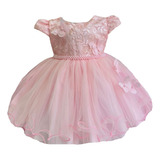 Vestido De Festa Bebê Luxo Rosa Aplique Borboletas - P.m.g