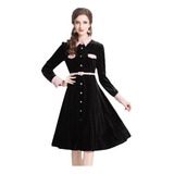 Vestido De Festa Feminino Vintage De Veludo Preto Com Cinto