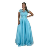 Vestido De Festa Longo Formatura Madrinha Azul Tiffany Manga