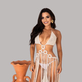 Vestido De Praia Franja Longa Croche Com Bojo Feminino