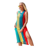 Vestido De Praia Listrado De Crochê Para Mulheres Sem Mangas