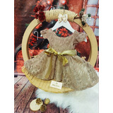 Vestido De Renda Dourado Com Laço Na Cintura Manga Princesa