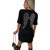 Vestido Feminino Curto Asa Strass Camisetão Gringa Blogueira