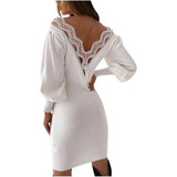 Vestido Feminino De Renda Simples Sem Costas E Decote Em V