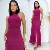 Vestido Feminino Em Tricot Longo Estilo Renda Gola Alta
