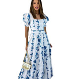 Vestido Feminino Estampado Floral Manga Bufante Tricoline