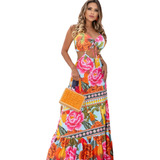 Vestido Feminino Longo Estampado Decotado Costa Nua Verão