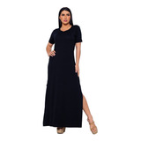 Vestido Feminino Longo Manga Curta Com Fenda Lateral