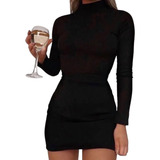 Vestido Feminino Manga Longa Canelado Preto Elegante