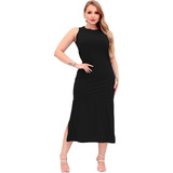 Vestido Feminino Midi Fenda Lateral Casual Básico Sem Manga