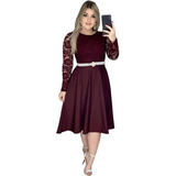 Vestido Feminino Midi Godê Manga Longa Moda Evangélica Cinto