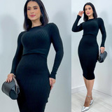Vestido Feminino Midi Manga Longa Tricot Elegante Luxo Tricô