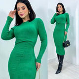 Vestido Feminino Midi Manga Longa Tricot Elegante Luxo Tricô