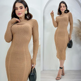 Vestido Feminino Midi Tricot Modal Canelado Inverno Tricô