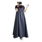 Vestido Feminino Solto Com Bolsos Azul Avental