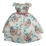 Vestido Festa Juvenil Floral Borboletas Rosa Azul - 4 Ao 16