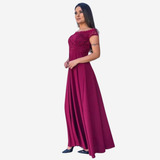 Vestido Festa Longo Madrinha Manguinha Ombro Rodado Marsala