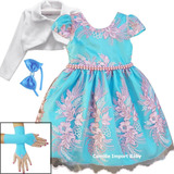 Vestido Festa Princesa Realeza Luxo Azul Rosa Kit Todo