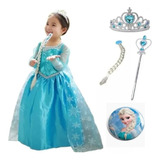 Vestido Frozen Elsa Infantil Fantasia Coroa Varinha Trança 