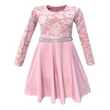 Vestido Infantil Manga Longa Rodado Renda E Faixa De Strass