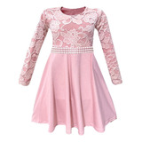 Vestido Infantil Manga Longa Rodado Renda E Faixa Pérolas