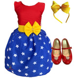Vestido Infantil Mulher Maravilha Estrela+ Sapatilha + Tiara