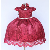 Vestido Infantil Rendado Marsala Festa Luxo E Kit Completo