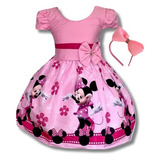 Vestido Infantil Temático Minnie Rosa Flores Manga Festa