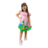 Vestido Infantil Temático Peppa Pig Rosa Trapézio Rodado