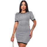 Vestido Jacquard Manga Bufante Estampa Xadrez Canelado 