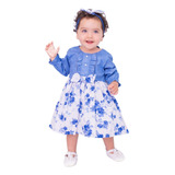 Vestido Jeans Bebê De Menina Manga Comprida Floral Azul 