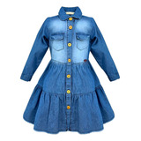 Vestido Jeans Infantil Manga Longa Saia Babado Moda Menina