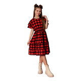 Vestido Juvenil Infantil Manga Curta Babado Rodado Xadrez
