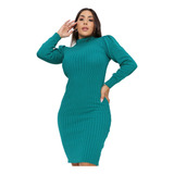 Vestido Lady Midi Tricô Manga Longo Canelado Tendência