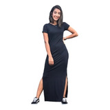 Vestido Longo Acinturado Fendas Laterais Manga Curta 1150p
