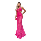 Vestido Longo De Renda Transparencia Feminino Festa Morgana