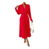 Vestido Longo Drapeado Decote V Efeito Modelador Linha Gold
