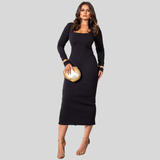 Vestido Longo Feminino Decote Quadrado Manga Longa Premium