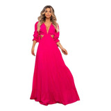 Vestido Longo Feminino Manga Longa Bufante Decote Profundo