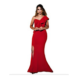 Vestido Longo Festa Vermelho Babado Transpassado