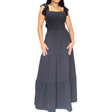 Vestido Longo Franzido Com Babado Na Manga Moda Evangelica