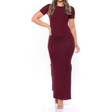 Vestido Longo Gestante Canelado Manga Curta Fenda Lateral