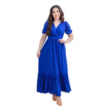 Vestido Longo Malha Lese Rodado Decote Transpassado Festa
