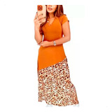 Vestido Longo Manga Curta Com Fenda Lateral Animal Print