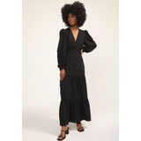 Vestido Longo Poá Manga Longa Preto D Bell