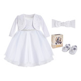 Vestido Luxo Bebe Menina Batizado Infantil Branco C/ Bolero